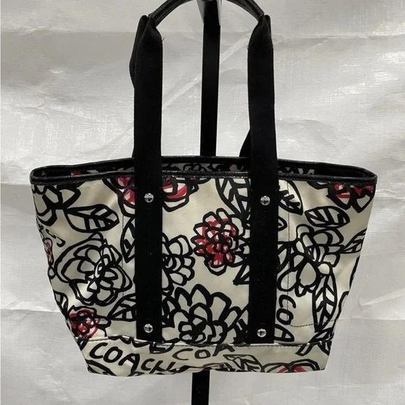 Coach Black & White Floral Satin Tote with Red Accents - Picture 7 of 12